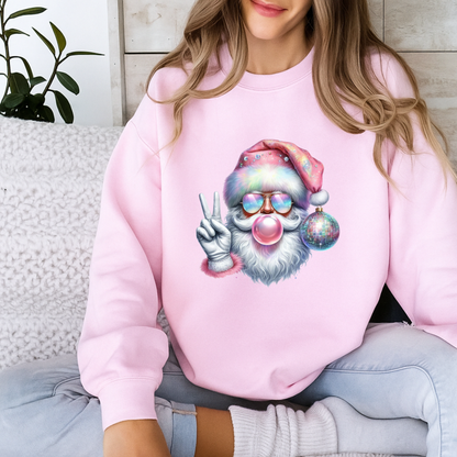 Peace Love Santa Sweatshirt – Cute Pink Christmas Pullover with Disco Ornament & Bubblegum Santa