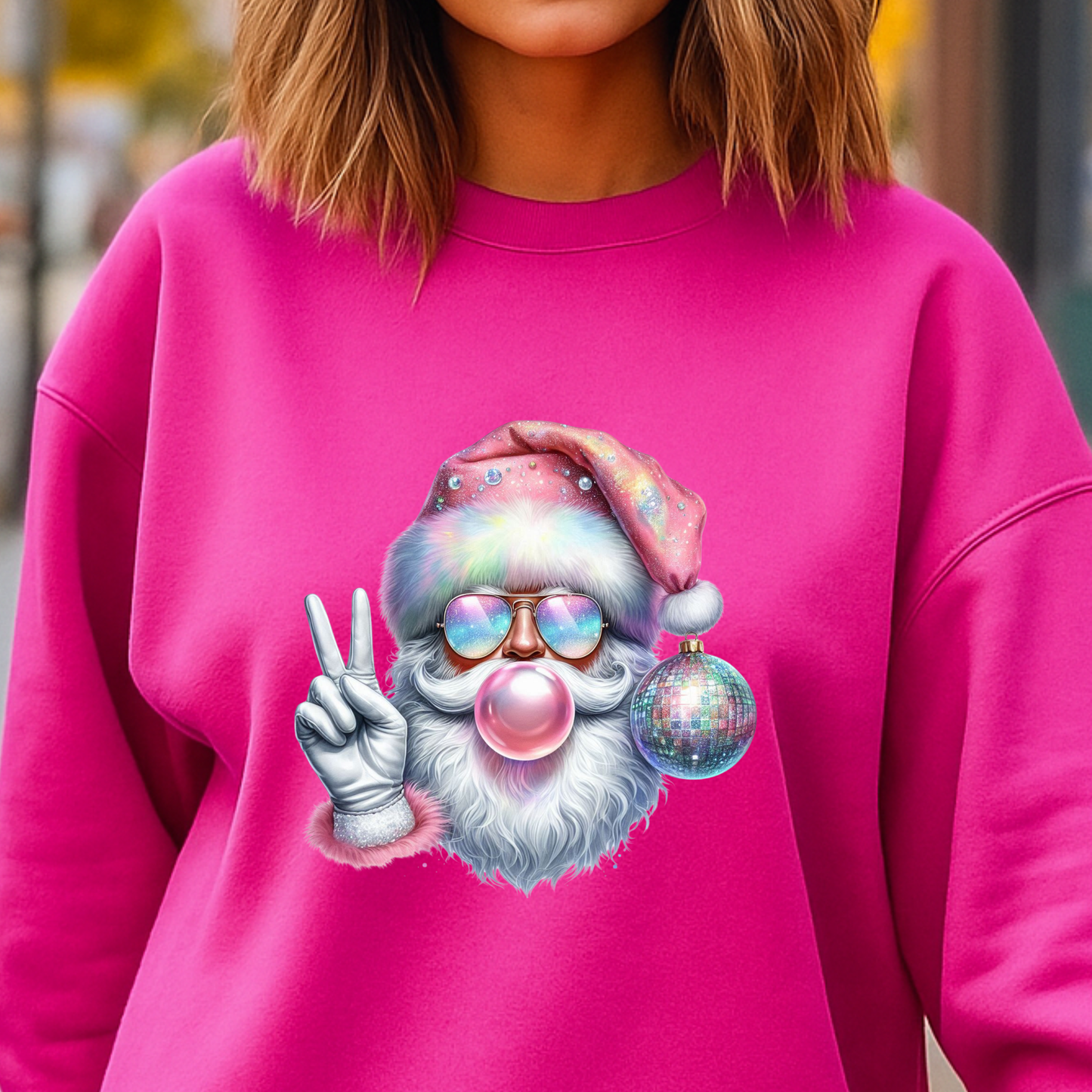 Peace Love Santa Sweatshirt – Cute Pink Christmas Pullover with Disco Ornament & Bubblegum Santa
