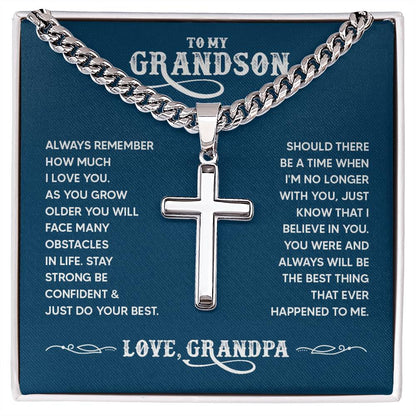 To Grandson From Grandpa Cuban Chain Link Necklace With Cross