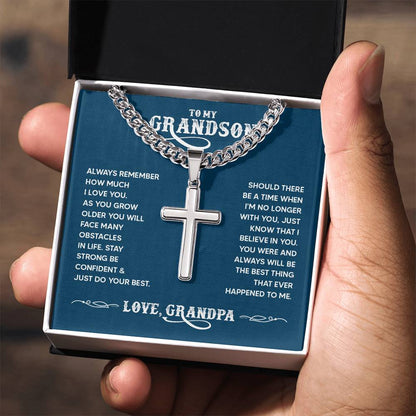 To Grandson From Grandpa Cuban Chain Link Necklace With Cross