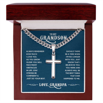 To Grandson From Grandpa Cuban Chain Link Necklace With Cross